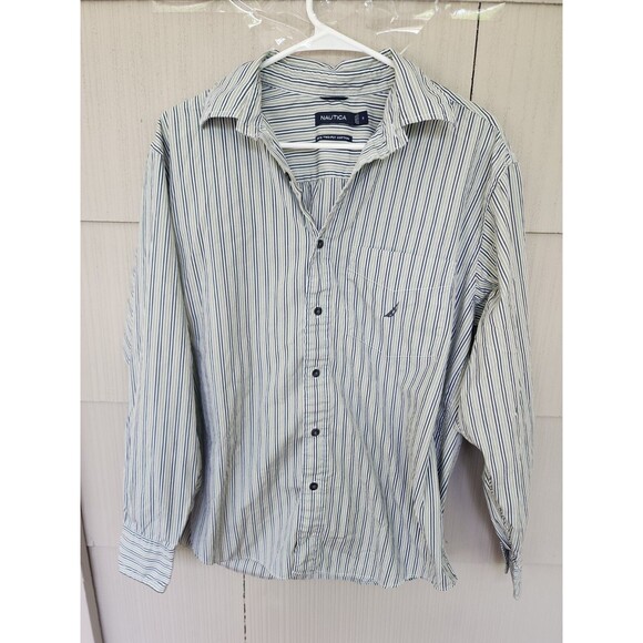 Nautica Striped Men's Long Sleeve Shirt Button Up Size Medium Green Blue White - Picture 1 of 6